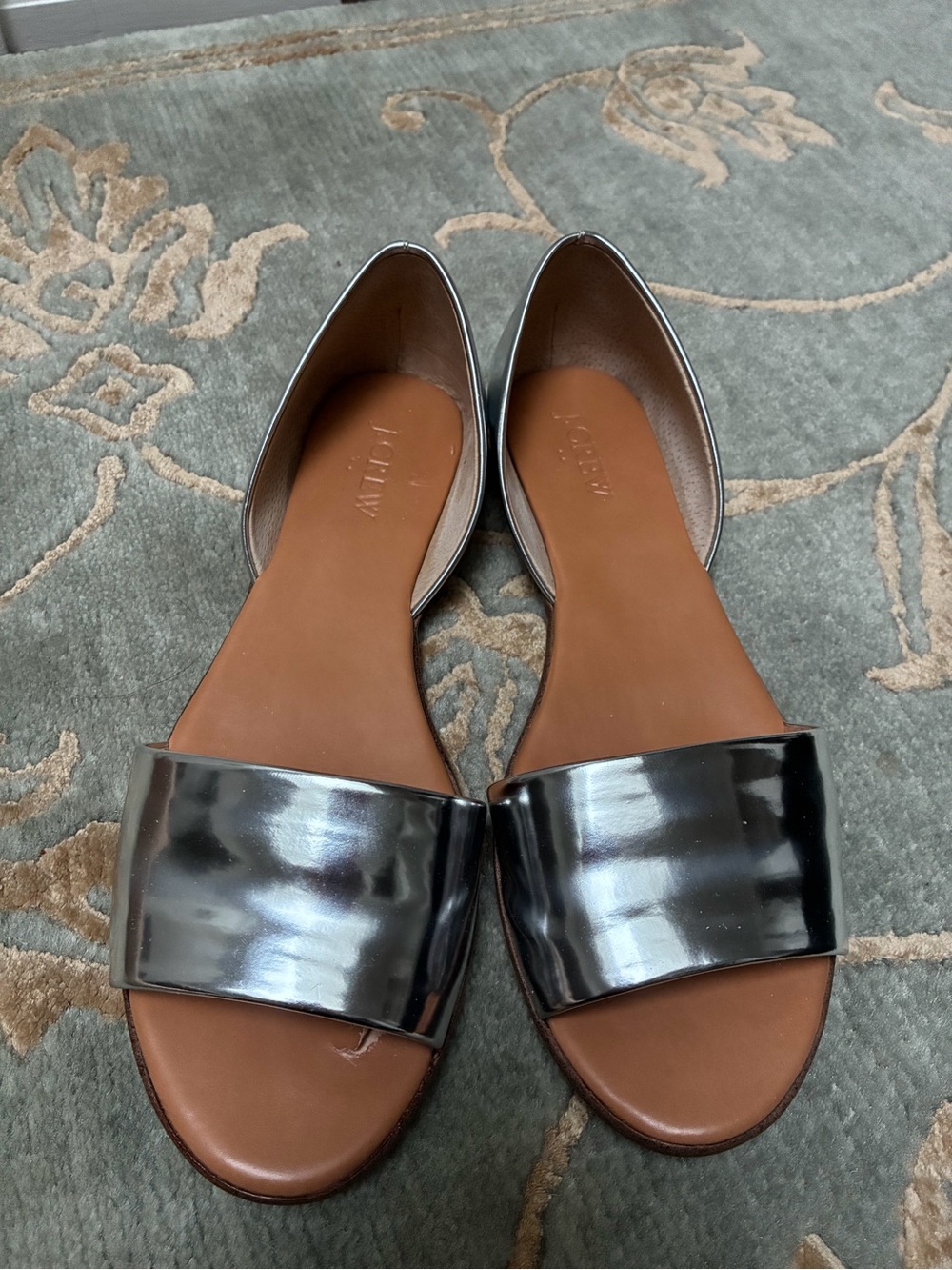 J. Crew Metallic Silver Leather Open-Toe D'Orsay Slide Sandals